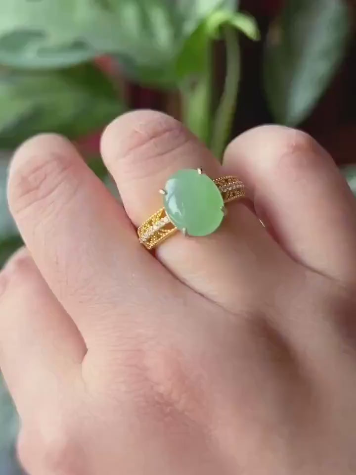 Certified Natural Jadeite Ring Mother’s Day Gift Burmese Type A Large fine glutinous Bright Apple Green Jade 12x10mm| 18k Gold Vermeil