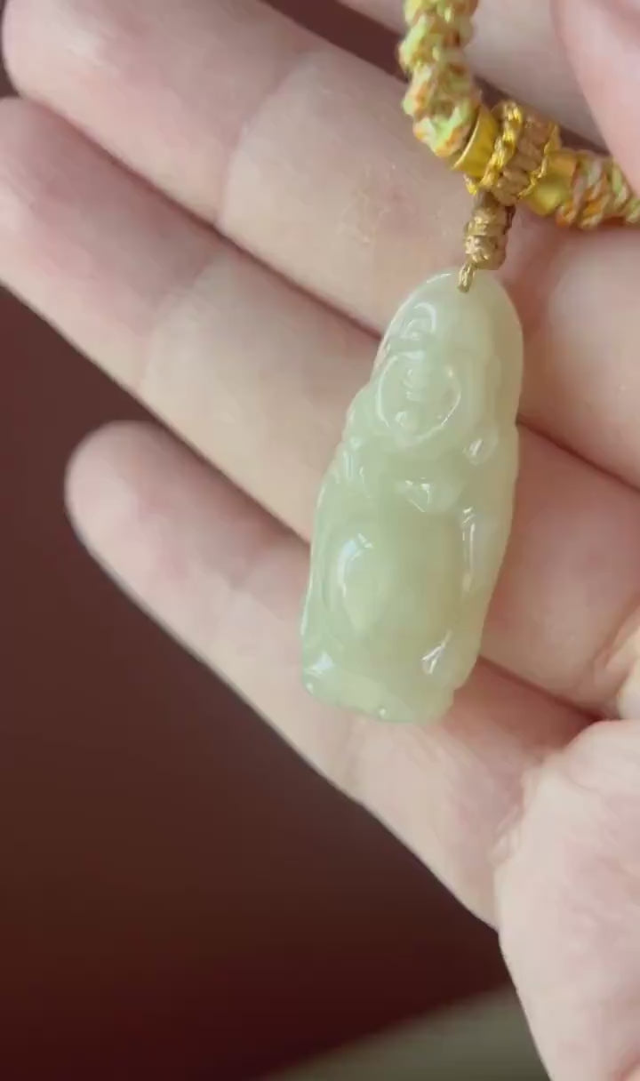 Natural Jadeite Laughing Buddha Pendant Handwoven Necklace Gift Burmese Type A Icy Translucent Yellow Jade