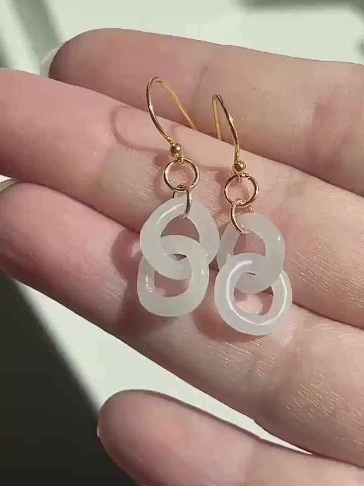 Natural Jadeite Interlocking Ring Earrings: Burmese Type A Untreated Icy Translucent White Jade, 18k Gold Vermeil Hooks| Minimalist Jewelry