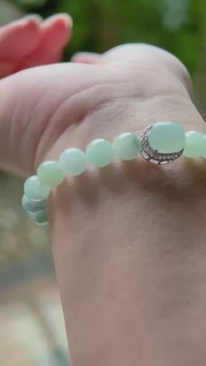 Natural Jadeite Beaded Bracelet with Ice Cube Focal Charm Burmese Type A Translucent Icy Blue Floral 7mm Jade