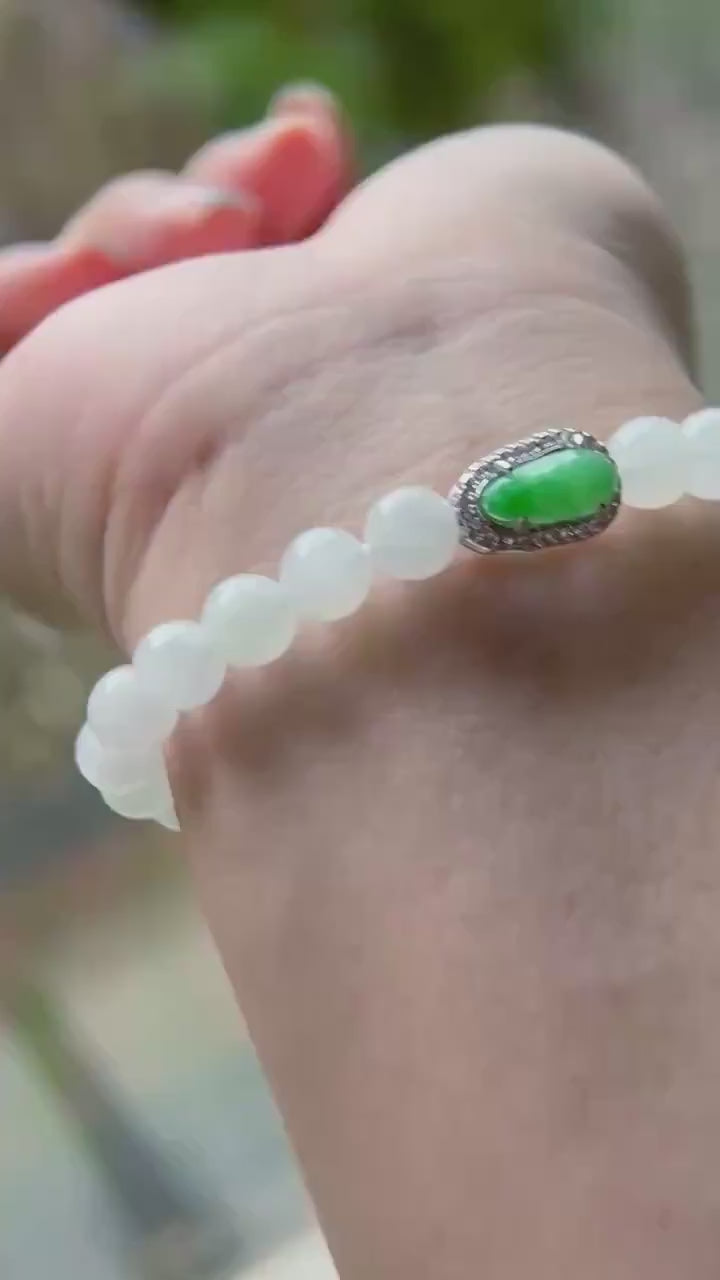 Natural Jadeite Beaded Bracelet – Burmese Type A Icy White 7mm Beads, Green Jade Pea Charm, Sterling Silver Frame